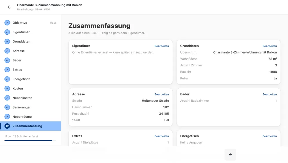 Zusammenfassung der Objektaufnahme im Portal, mit Eigentümer, Grunddaten, Adresse und Bädern
