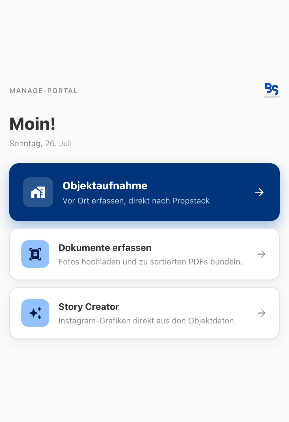 Startbildschirm des Portals auf dem Smartphone: Objektaufnahme, Dokumente erfassen, Story Creator