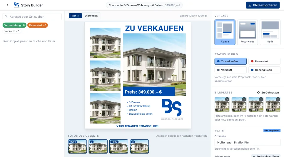Story Builder im Portal: Ein Werbepost mit Foto, Preis und Eckdaten entsteht aus den Objektdaten