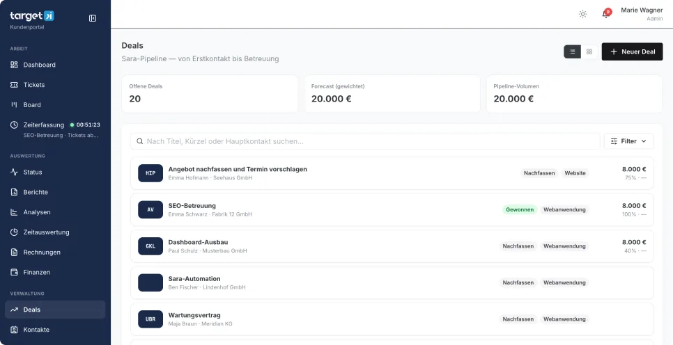 Deals im Portal: Anfragen, Angebote und Abschlüsse mit Wert und nächstem Schritt