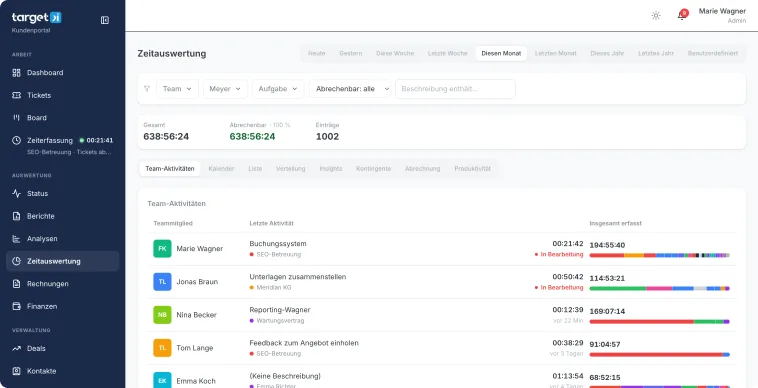Zeiterfassung im Portal: laufende Zeiten je Projekt